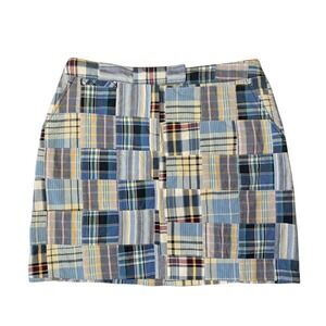 Larry Levine Patchwork Plaid Mini Skirt Women Size 12 Blue Yellow Multicolor